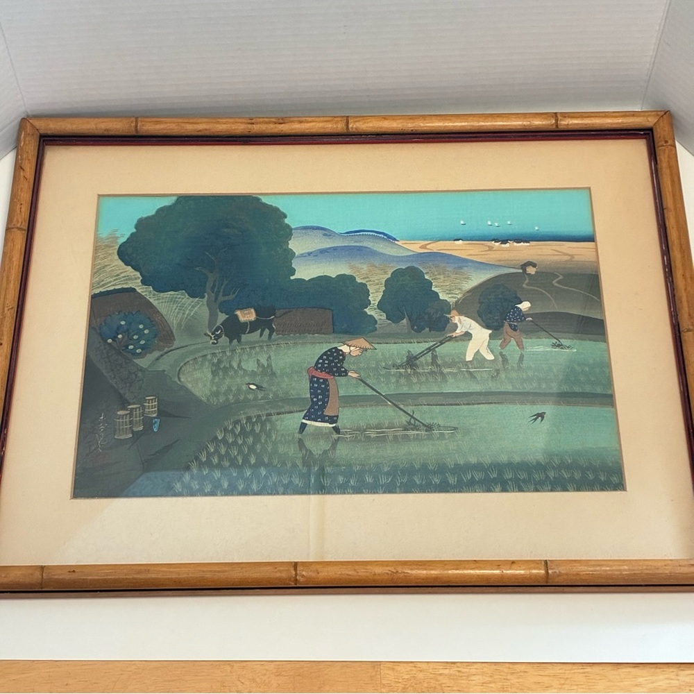 1950s Japanese Woodblock Print by Bakufu Ohno “Weeding Rice”